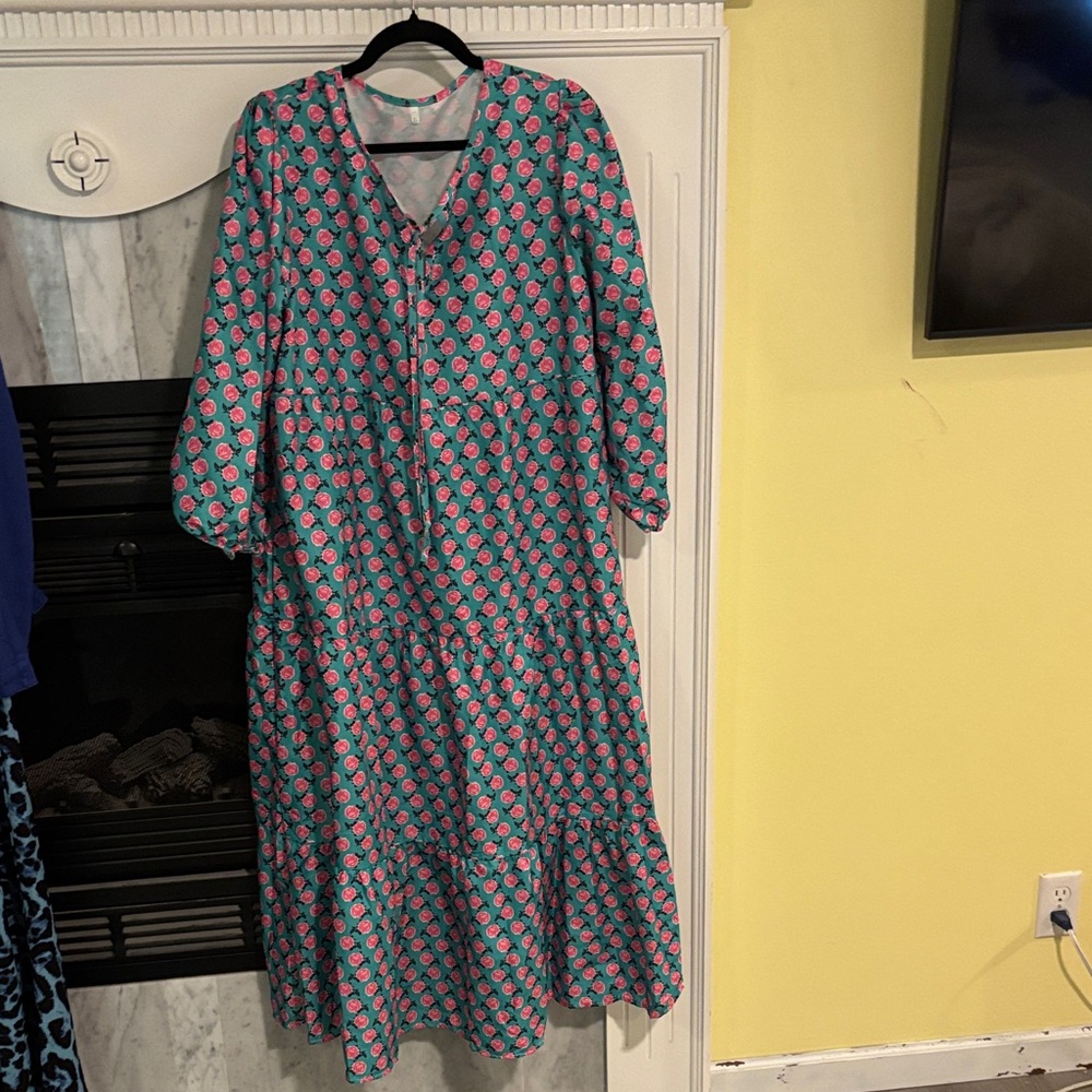 Floral Rose V-Neck Maxi Dress - Teal and Pink